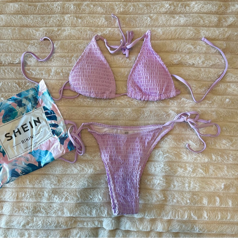 SHEIN Lilac Lavender Shirred Tie-Side Triangle Bikini Set New In Bag